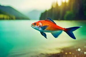 uma peixe é vôo sobre uma lago com árvores dentro a fundo. gerado por IA foto