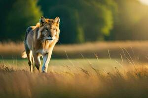 uma solitário Lobo caminhando através uma campo. gerado por IA foto