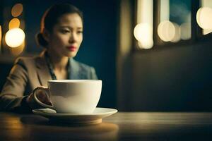 uma mulher sentado às uma mesa com uma copo do café. gerado por IA foto