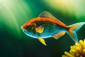 uma peixe natação dentro a água com amarelo flores gerado por IA foto