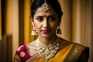 uma lindo indiano noiva dentro uma tradicional sári. gerado por IA foto