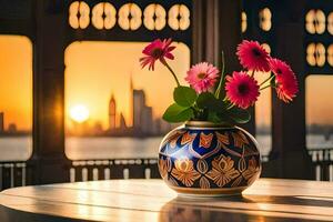 uma vaso com flores em uma mesa dentro frente do uma cidade Horizonte. gerado por IA foto