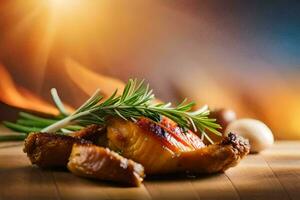 grelhado frango com alecrim e alho em uma de madeira mesa. gerado por IA foto