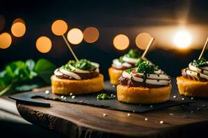 pequeno aperitivos em uma de madeira borda com palitos de dente. gerado por IA foto