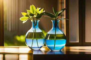 dois azul vasos com plantas dentro eles em uma mesa. gerado por IA foto