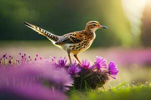 uma pássaro é em pé em uma flor campo. gerado por IA foto