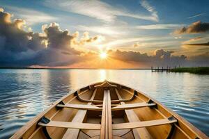 a Sol sobe sobre a água dentro uma canoa. gerado por IA foto