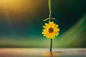 uma solteiro amarelo flor é suspensão a partir de uma corda. gerado por IA foto