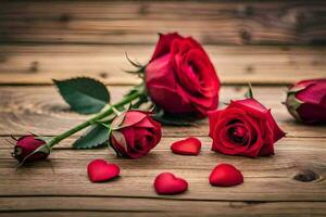 vermelho rosas em uma de madeira mesa com corações gerado por IA foto