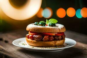 uma Hamburger com legumes e carne em uma placa. gerado por IA foto
