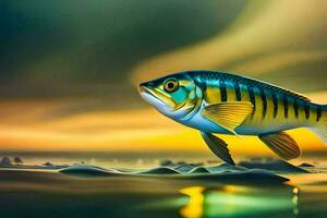 uma peixe é natação dentro a água às pôr do sol. gerado por IA foto