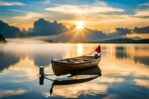 a barco em a lago às nascer do sol. gerado por IA foto