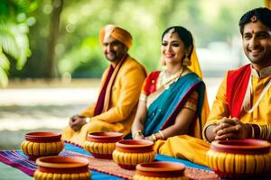 indiano Casamento casal dentro tradicional traje. gerado por IA foto