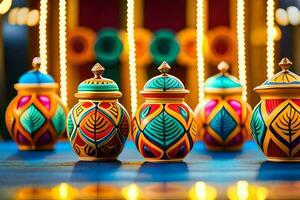 colorida vasos em uma mesa com luzes. gerado por IA foto