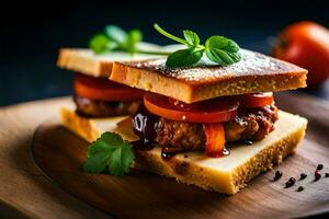 uma sanduíche com carne e tomates em uma de madeira borda. gerado por IA foto