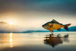 uma peixe é em pé em a água às pôr do sol. gerado por IA foto