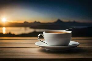 uma copo do café em uma de madeira mesa com uma Visão do a montanhas. gerado por IA foto