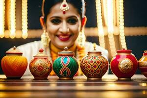 uma mulher dentro tradicional indiano vestir é cercado de colorida potes. gerado por IA foto