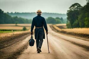 uma homem caminhando baixa uma sujeira estrada com uma bengala. gerado por IA foto