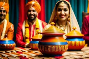 indiano Casamento cerimônia com noiva e noivo. gerado por IA foto