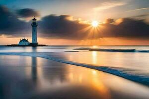 uma farol carrinhos em a de praia às pôr do sol. gerado por IA foto