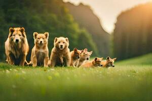 uma grupo do cachorros em pé dentro a grama. gerado por IA foto