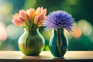 dois vasos com flores dentro eles em uma mesa. gerado por IA foto