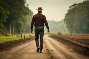 uma homem dentro uma chapéu anda em baixa uma sujeira estrada. gerado por IA foto