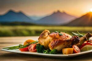 uma prato do frango e legumes em uma mesa com montanhas dentro a fundo. gerado por IA foto