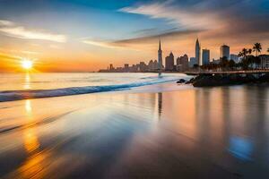 a Sol conjuntos sobre a cidade Horizonte dentro dubai. gerado por IA foto