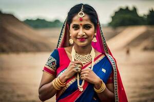 uma mulher dentro tradicional indiano vestuário poses para uma foto. gerado por IA foto