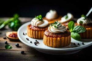 pequeno bolos de copo com açoitado creme e hortelã folhas. gerado por IA foto