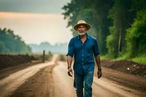 a velho homem caminhando baixa uma sujeira estrada. gerado por IA foto