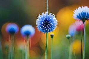 uma azul flor é dentro a meio do uma campo. gerado por IA foto