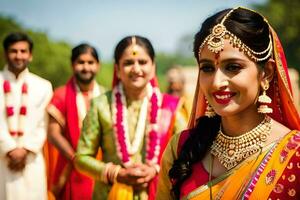 uma noiva dentro tradicional indiano traje. gerado por IA foto