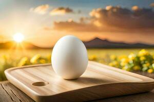 a ovo em uma de madeira corte borda com a Sol configuração atrás isto. gerado por IA foto
