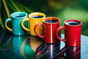 quatro colorida café copos em uma mesa. gerado por IA foto