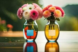 dois vasos com flores dentro eles em uma mesa. gerado por IA foto