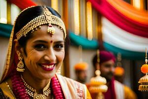 uma sorridente noiva dentro tradicional indiano traje. gerado por IA foto