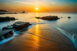 a Sol conjuntos sobre a oceano e pedras em a de praia. gerado por IA foto