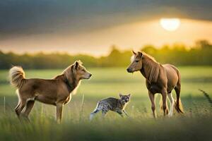 dois cavalos e uma gato dentro uma campo às pôr do sol. gerado por IA foto
