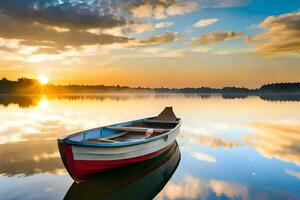 uma barco em a lago às pôr do sol. gerado por IA foto