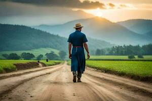 uma homem dentro uma azul camisa e chapéu caminhando baixa uma sujeira estrada. gerado por IA foto