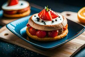 uma prato com uma morango e creme sanduíche em isto. gerado por IA foto