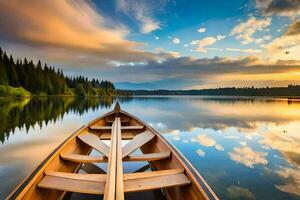 uma canoa é visto dentro a meio do uma lago às pôr do sol. gerado por IA foto