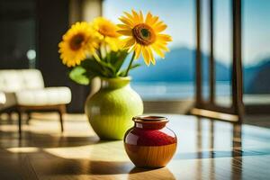 girassóis dentro uma vaso em uma mesa. gerado por IA foto