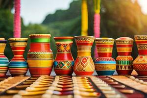 colorida de madeira vasos em uma mesa. gerado por IA foto