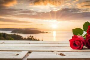 rosas em uma de madeira mesa com pôr do sol dentro a fundo. gerado por IA foto