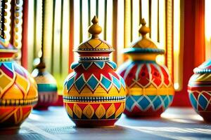 colorida vasos estão forrado acima em uma mesa. gerado por IA foto