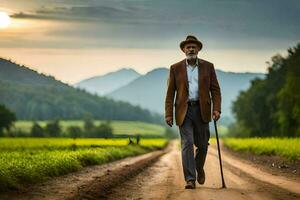a velho homem caminhando em uma sujeira estrada com uma bengala. gerado por IA foto